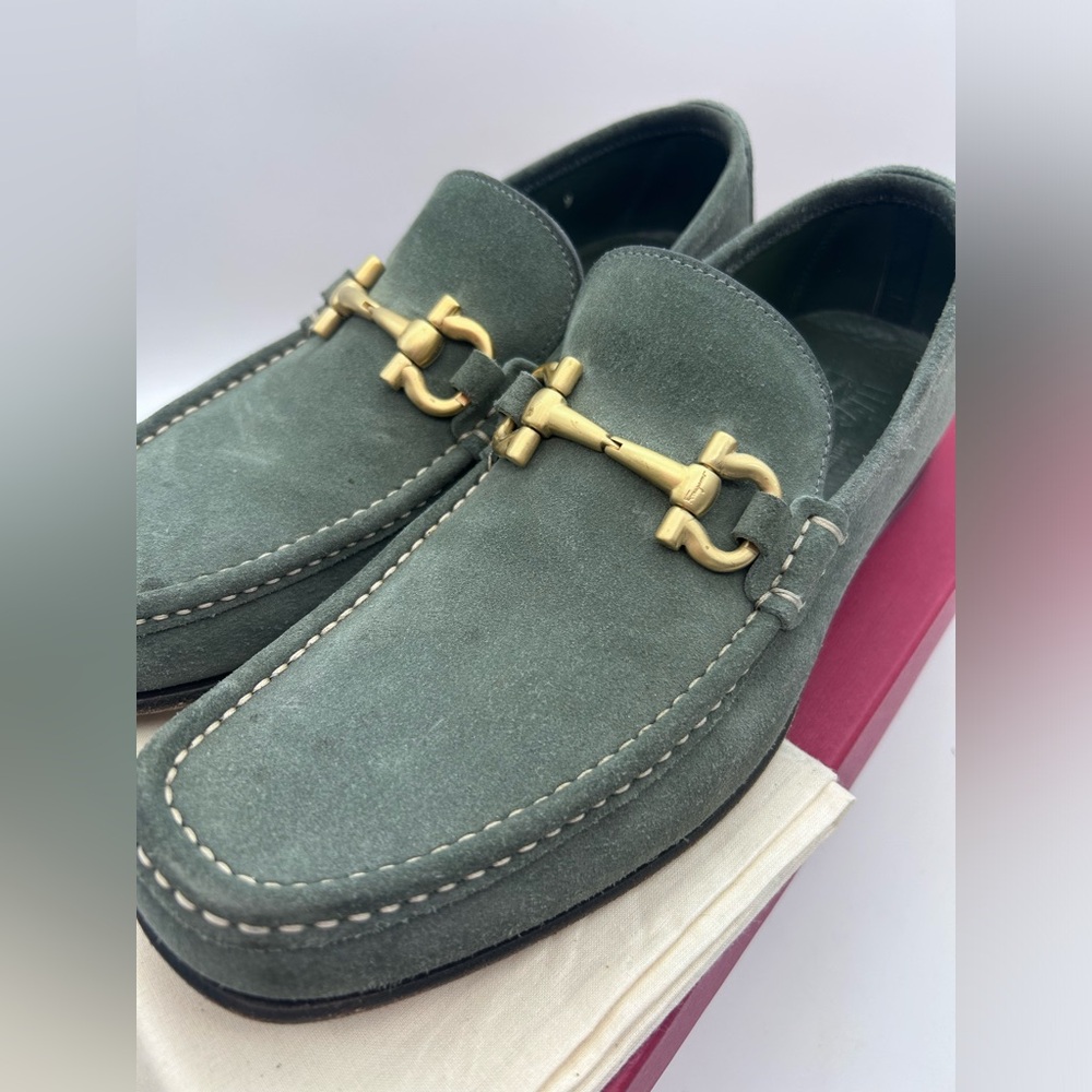 Salvatore Ferragamo Gancini Bit Loafers Men's US 9 D Green Suede Leather Gold - Picture 3 of 16